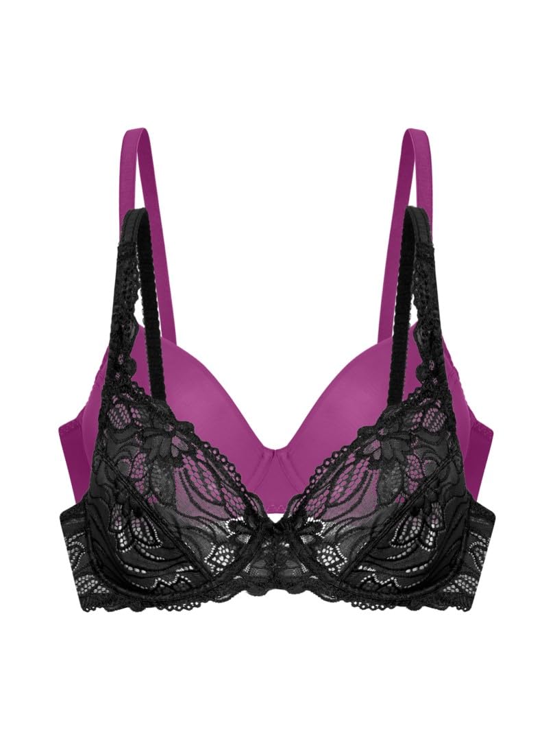 DORINA Angie Two-Piece Pack of Non-Padded Underwired Bras – Lace & Micro Fabric, Full Coverage, Black and Fuchsia