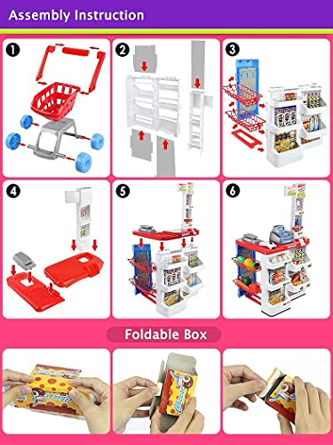 Image of Kids Supermarket Shopping Cart Toy Set, Age 3+ Years | Cash Register, Scanner, Basket, Pretend Grocery Food Accessories, Lights & Sounds
