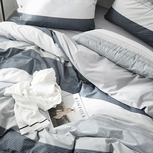 Image of mixinni Geometric Striped Duvet Cover Set - 100% Natural Cotton, Grey & White Stripes, King Size, 3-Piece Bedding Set with Zipper Closure
