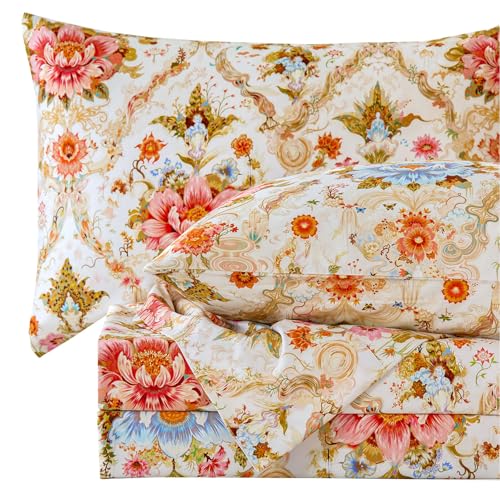 Zusbest Floral Sheets California King Size 100% Cotton Satin Weave