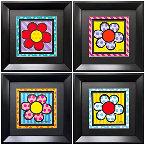 Romero Britto Framed Flower Power Black Custom Framed Art full set of 4