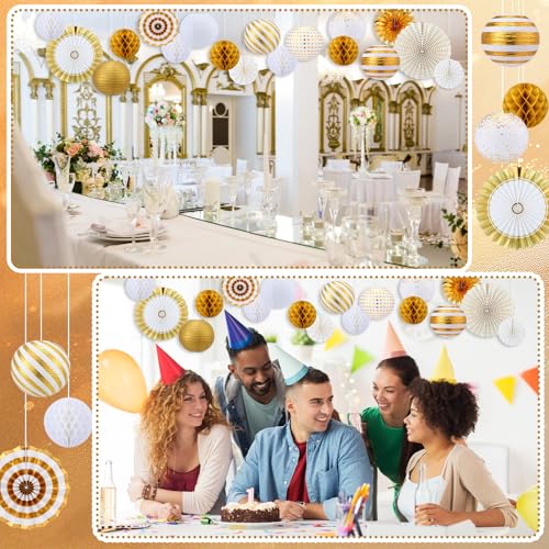 Image of Retisee 18 Pcs Metallic Gold Party Decorations Kit Hanging Metallic Gold Paper Lanterns Paper Fans Honeycomb Balls for Back to School Classroom Party Decoration Birthday Wedding Supplies