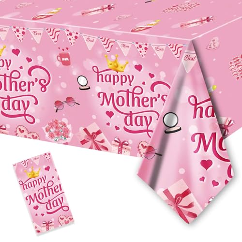 PARSUP 1 Pack Mothers Day Disposable Tablecloth - 108 54 Happy Mothers Day Table Cloth Best Mom Ever Flower Heart Tablecover Plastic Rectangle Table Cover for Dinner Party Decor