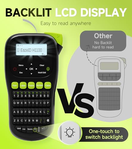 EazeID Industrial Label Maker Machine with-Tape Waterproof, Portable Cable Label Maker with Keyboard, Handheld Wire Labeler with Backlight Screen for Home Office Use, H1100 Black - Thumbnail 3