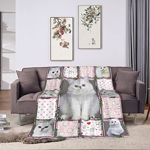 Cat Blanket For Cat Lovers Soft Warm Cute White Cats Fleece Throw Blanket Plush Fuzzy Fluffy Kitten Animal Pets Pattern Gift Flannel Blankets For Kids Adults 50"X40" #TOP6
