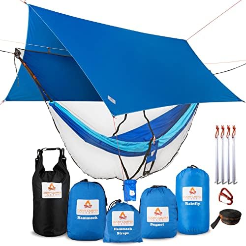 Cushy Camper Premium Hammock with Rain Fly, Bug Net, Tree Straps, and Dry Bag - Complete Camping Hammock System with Mesh Bug Net - Outdoor Combo Kit with Rainfly Bundle for Backpacking