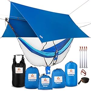 Cushy Camper Premium Hammock with Rain Fly, Bug Net, Tree Straps, and Dry Bag – Complete Camping Hammock System with Mesh Bug Net – Outdoor Combo Kit with Rainfly Bundle for Backpacking…