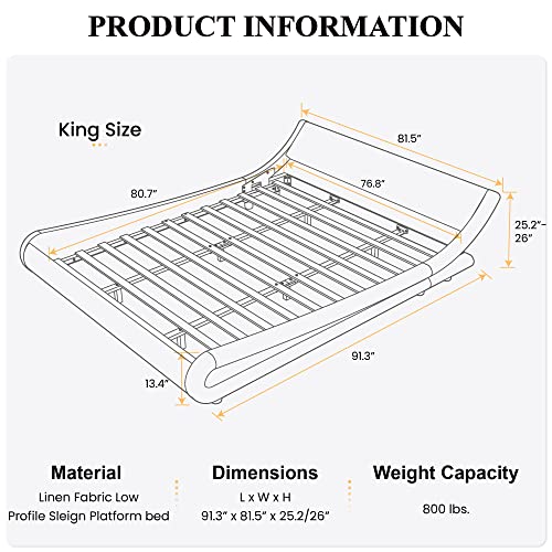 Sha Cerlin King Size Bed Frame Luxury Wave-Like Modern Upholstered Low Profile Platform Bed, Linen Sleigh Bed With Adjustable Headboard, No Box Spring Needed, Grey #TOP1
