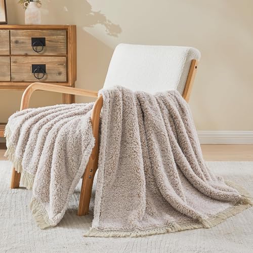 Image of EMME Soft Sherpa Fleece Blanket with Tassel, Reversible Plush Fluffy Large Blanket, Light Weight Warm Decorative Boho Blanket Cover for Sofa, Couch, Bedroom,Travel(Tassel Khaki,60 inchx80 inch)
