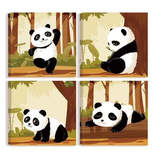 Funny Panda Canvas Wall Art Prints Nursery Chinese Style Panda Playing In Forest Painting Pictures 4 Pieces Cute Panda Animal Artwork For Kids Bedroom Living Room 12"X12" #TOP25
