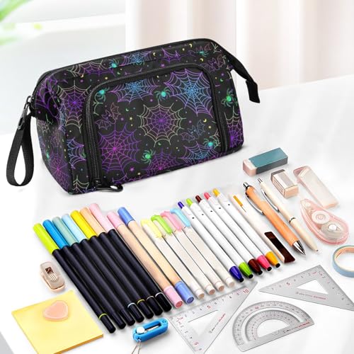Image of Big Capacity Pencil Pen Case for Adults, Goth Bat Spider Web Pencil Bags Portable Makeup Bag Stationery Storage for College Office