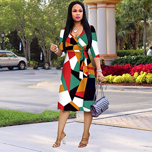 Image of Womens Plus Size Summer Dresses Sexy V Neck Midi Dress Faux Wrap Dress 3 /4 Sleeve Boho Casual Floral A-Line Skirts