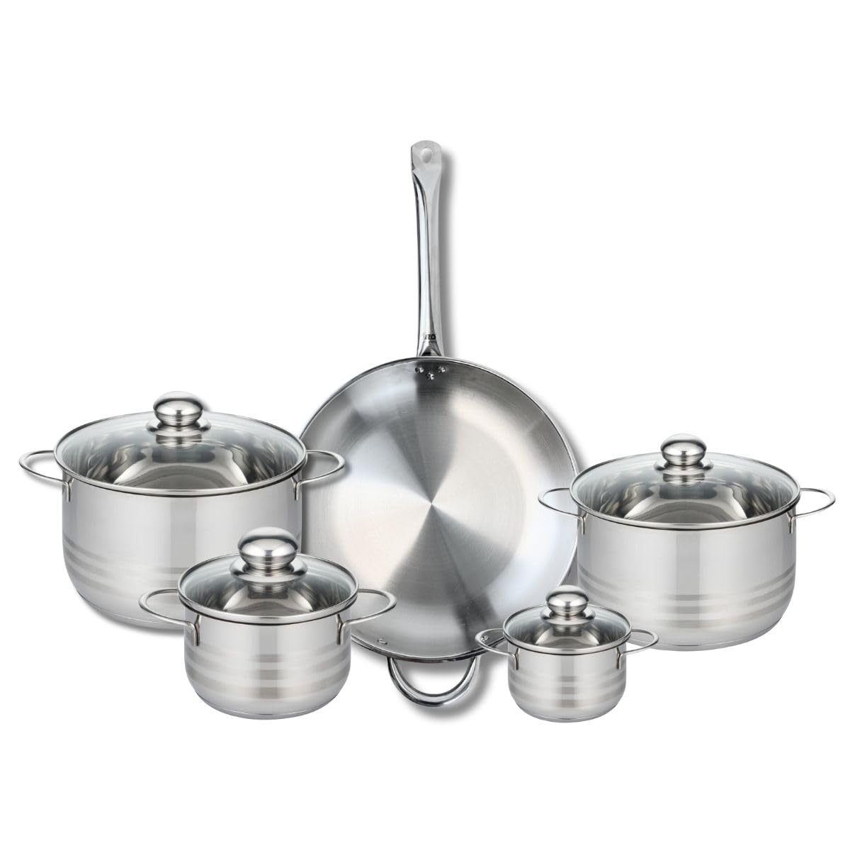 ELO 9875050 Naczynia kuchenne 5 sztuk, zestaw 1 patelni 32 cm i 4 garbany 14, 16, 20 i 24 cm Elo Profi połysk, stal nierdzewna, indukcja