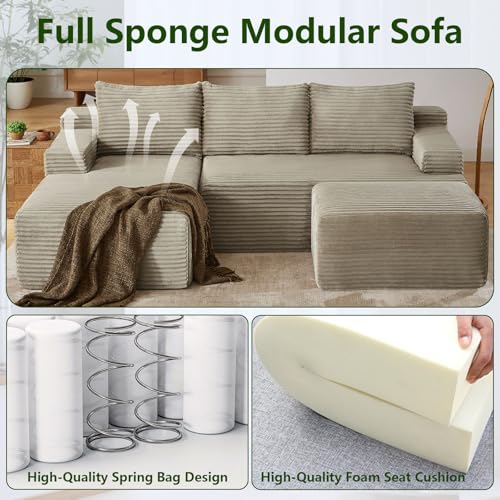 Image of 96.1 inch Modular Sectional Sofa with Ottoman, Modern Corduroy Cloud Couch, Boneless Couch Upholstered 3-Seater U-Shaped Sofa for Living Room, No Assembly (Camel, Right-Facing Chaise)