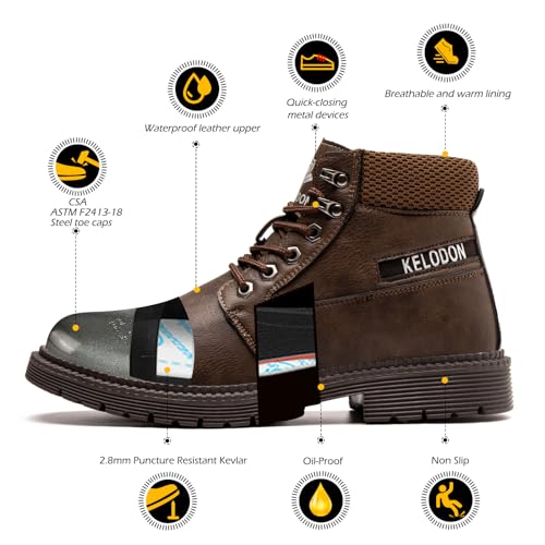 KELODON Men's 6-Inch Leather Winter Safety Boots - Waterproof Steel Toe, Indestructible, Warm Construction4