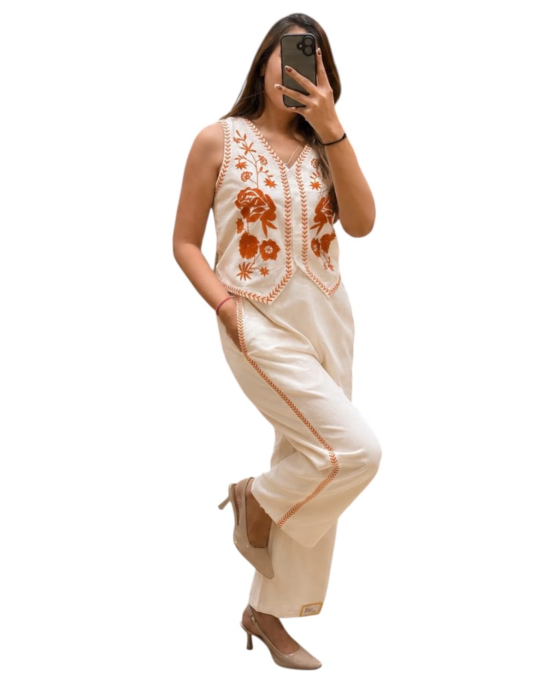 himaira Women's Cotton Embroidered Co-Ord Set | Sleeveless Floral Embroidered Vest Jacket with Straight Pants | Ethnic Co Ord Set for Women | Casual, Festive, Office-picture-28