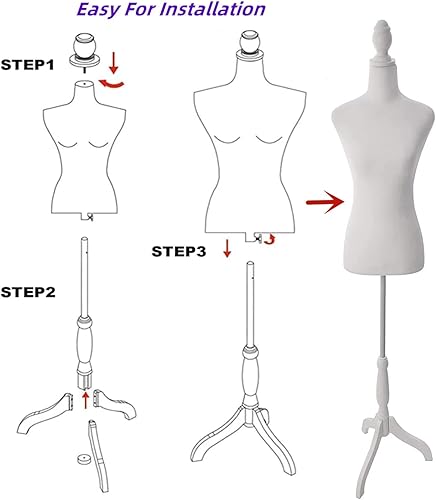 Miniatura 4 de Torso de maniquí de forma de vestido femenino con trípode de madera, cuerpo de maniquí ajustable de altura de 55 a 67 pulgadas, para mostrador de