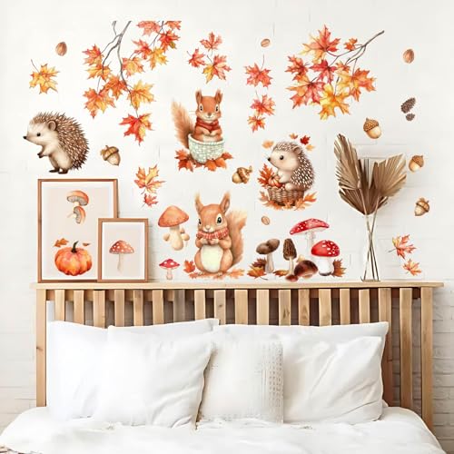 CREATCABIN 2 Blatt Herbst Fensteraufkleber Herbst Türaufkleber Blätter Igel Pilz Tannenzapfen Eichhörnchen PVC Wasserdicht Selbstklebend Dekor Für Schlafzimmer Ladentür 30x90cm