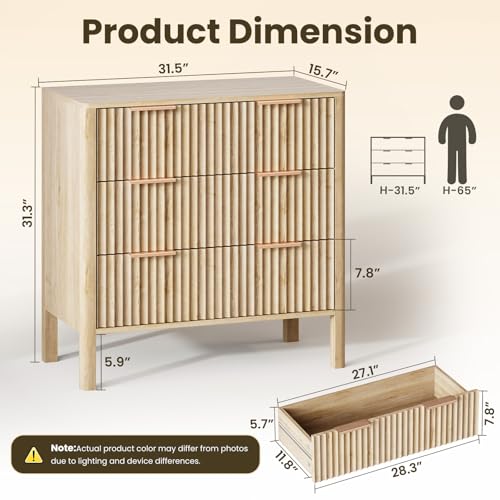 Image of 32 inch Wide Fluted 3 Drawer Dresser for Bedroom, Wooden Dresser Modern Chest of Drawers End Table Dressers with Organizer Storage for Bedroom, Living Room, Entryway, Oak