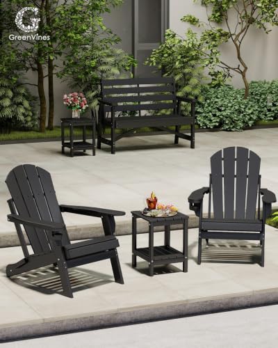 Image of GREENVINES Adirondack Outdoor Side Table, 14'' x 13'' HDPE Plastic All Weather End Tables with Storage Shelf for Poolside Indoor Outside Front Porch Living Room Patio Backyard Campfire, Black