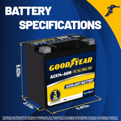 Image of Goodyear AUX14-AGM BCI Group Size 400 12V 14 AH, 22RC, 200 CCA Platinum series Rechargeable AGM Maintenance Free Auxiliary Battery