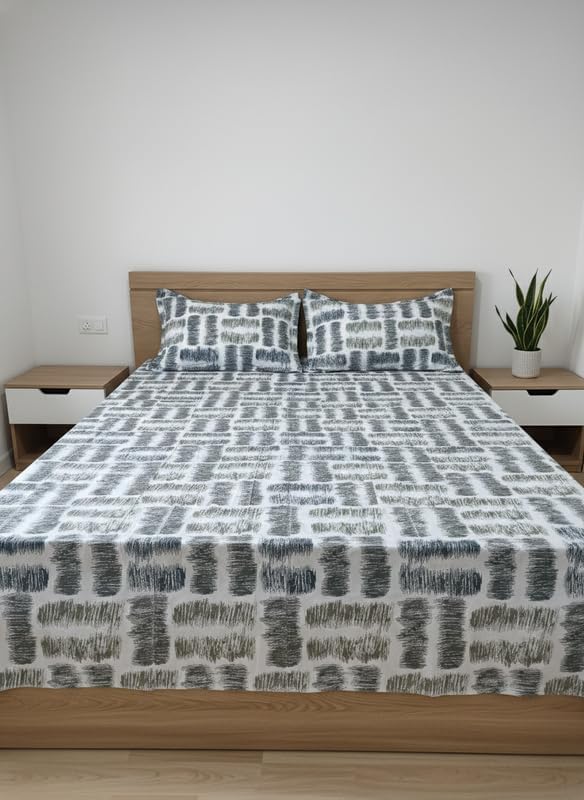 - Double Bed Sheet Lotus White Grey 230 Cms X 255 Cotton 120 GSM Classic Comfort | Color White & Grey