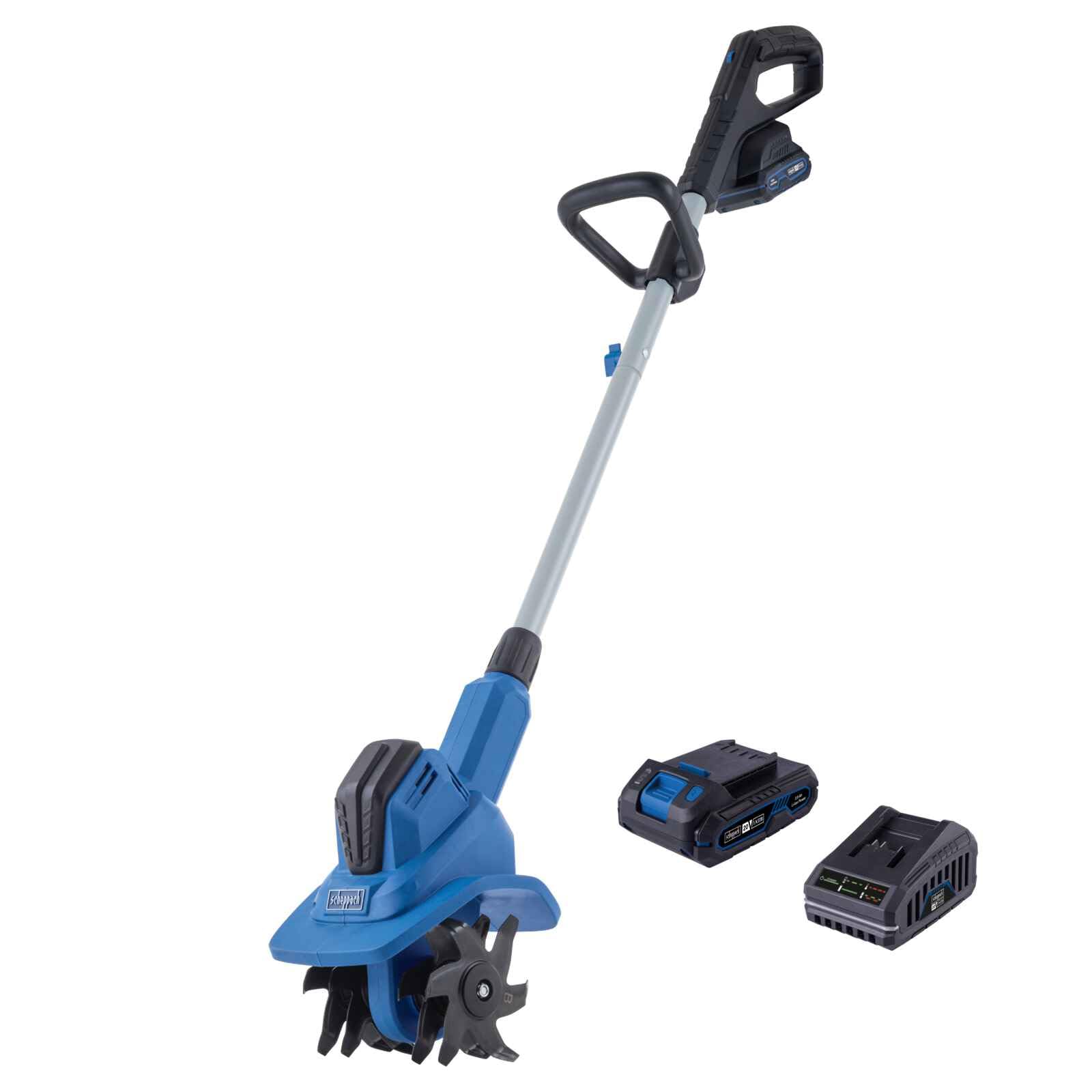 Scheppach Akku Bodenhacke C-MT200-X Gartenfräse Motorhacke mit Arbeitsbreite 20cm | Arbeitstiefe 15,5cm | Drehzahl 6 Stufen / 230min-1 | 20V-IXES-Serie | 10 Jahre Garantie | mit 2Ah Akku & Ladegerät