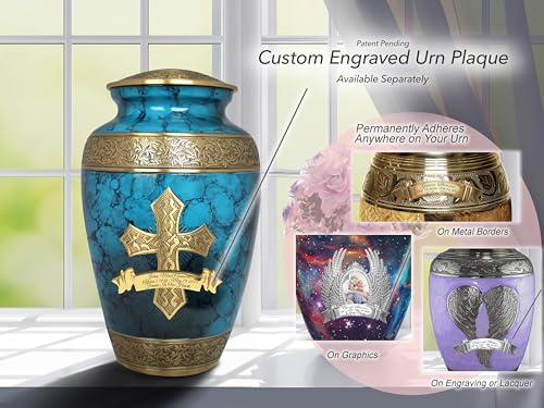 Image of Blue Cross Cremation Urn for Ashes Adult Male - Personalized Cremation Urns for Human Ashes Adult Man Decorative Urns - Beautifully Handcrafted Cross Urn