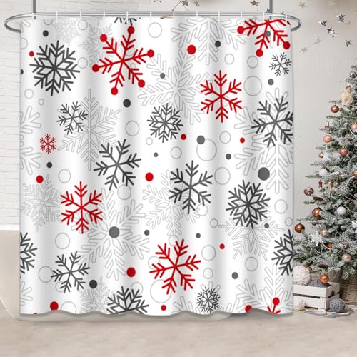 Cortina de ducha de Navidad con copos rojos para baño invernal acogedor 2