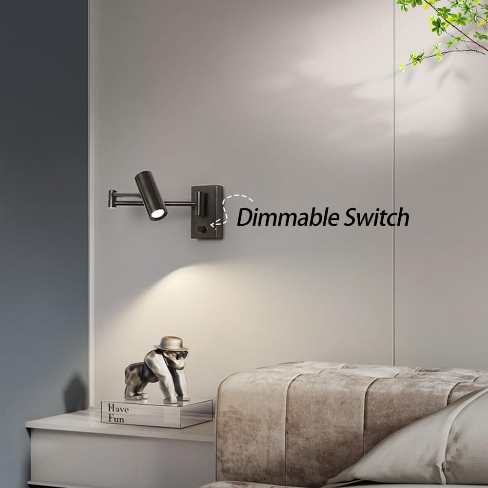 Schwenkbare Wandleuchte Dimmbar mit Schalter Lampe Wand 350° Verstellbarem Arm Wandlampen Innen Vintage Wandstrahler Gelenkarm Wandmontage Nachttischlampe Wand Leselampe Retro für Wohnzimmer