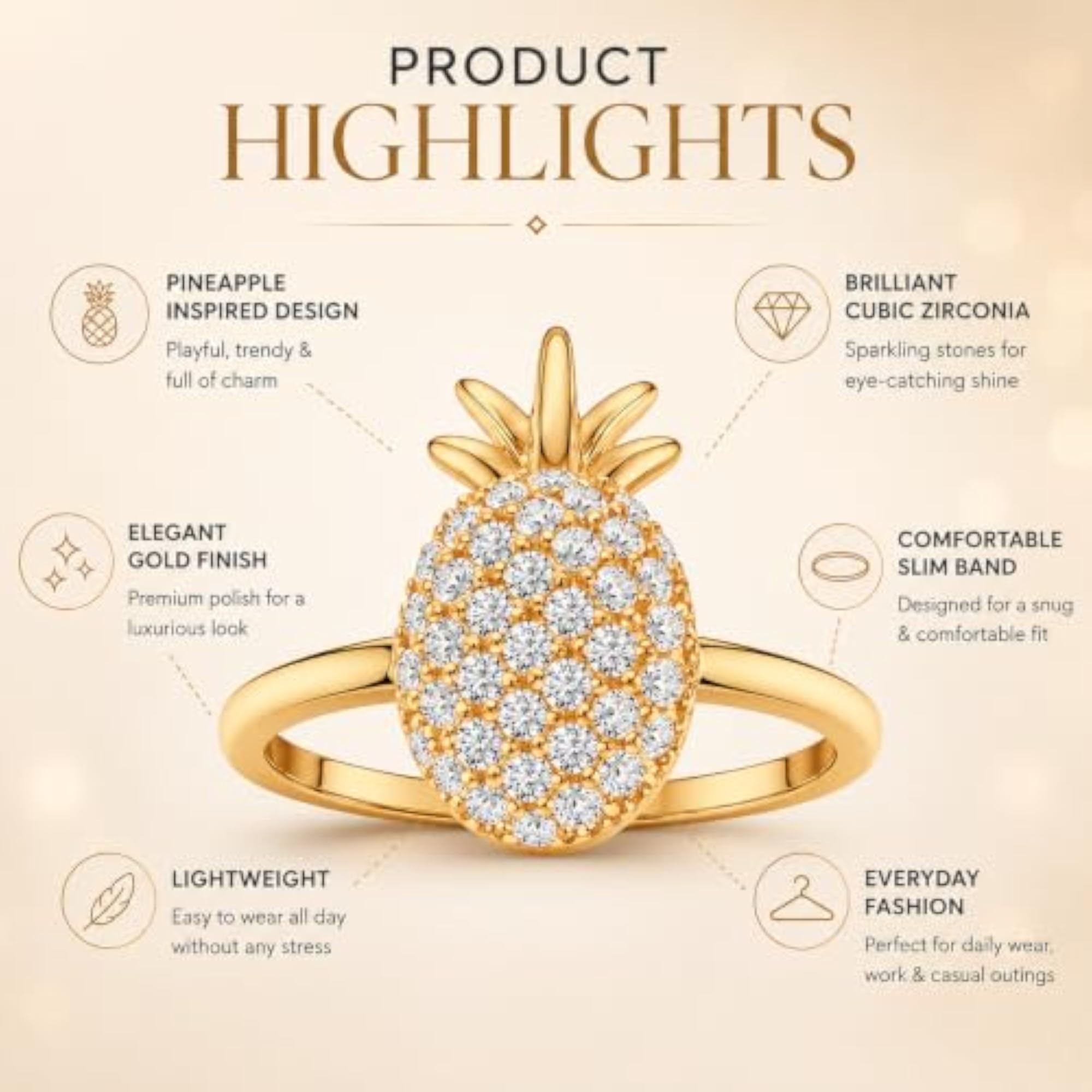 Pineapple CZ Ring in 925 Sterling Silver, Gold Finish