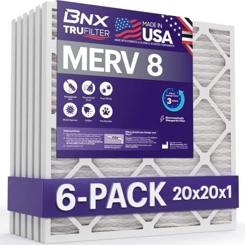 BNX TruFilter 20x20x1 Air Filter MERV 8 (6-Pack) - MADE IN USA – Dust & Pet Defense Electrostatic Pleated Air Conditioner HVAC AC Furnace Filters for Dust, Pet, Mold, Pollen MPR 600 – 700 & FPR 5