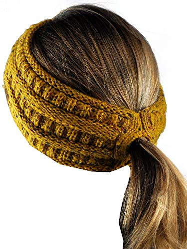 C.C Cable Knit Fuzzy Lined Ear Warmer Ponytail Pony Headband, Confetti Ombre Mustard