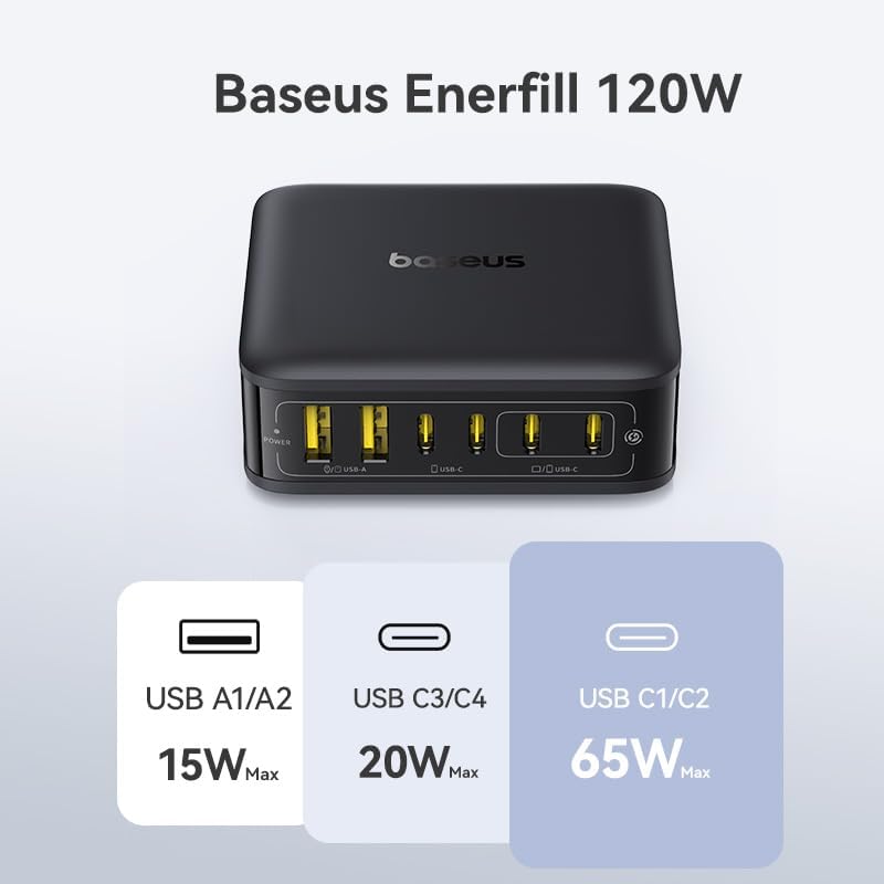 Baseus 120W charging station next to an iPhone 17 Pro Max for size comparison.