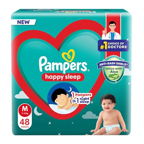 Image of Pampers Happy Sleep Pant Style Baby Diapers, Medium (M), 48 Count, 1 Pampers = 1 Night Sleep, with Anti Rash Shield, 7-12 Kg Diapers