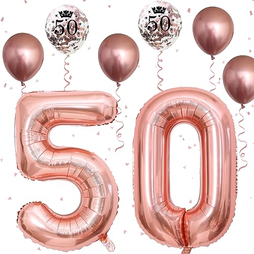 Image of Rose Gold 50th Birthday Balloons & Decorations - Metallic Foil Number 50 & Confetti Balloons, 40 Inch Latex