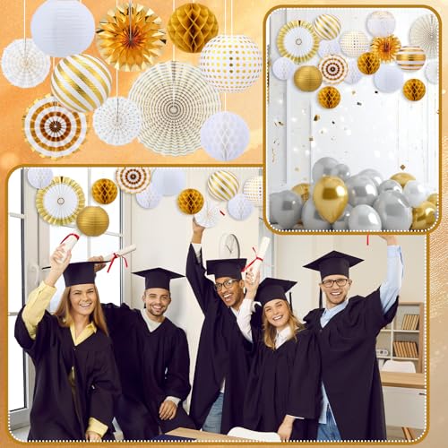 Image of Retisee 18 Pcs Metallic Gold Party Decorations Kit Hanging Metallic Gold Paper Lanterns Paper Fans Honeycomb Balls for Back to School Classroom Party Decoration Birthday Wedding Supplies