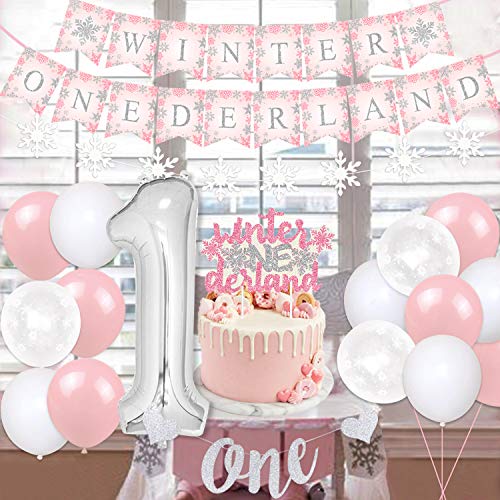 Winter Onederland 1st Birthday Decorations Winter Wonderland 1st Birthday Party Decorations for Girl Pink Snowflake Themed Party Supplies Onederland Banner Cake Topper