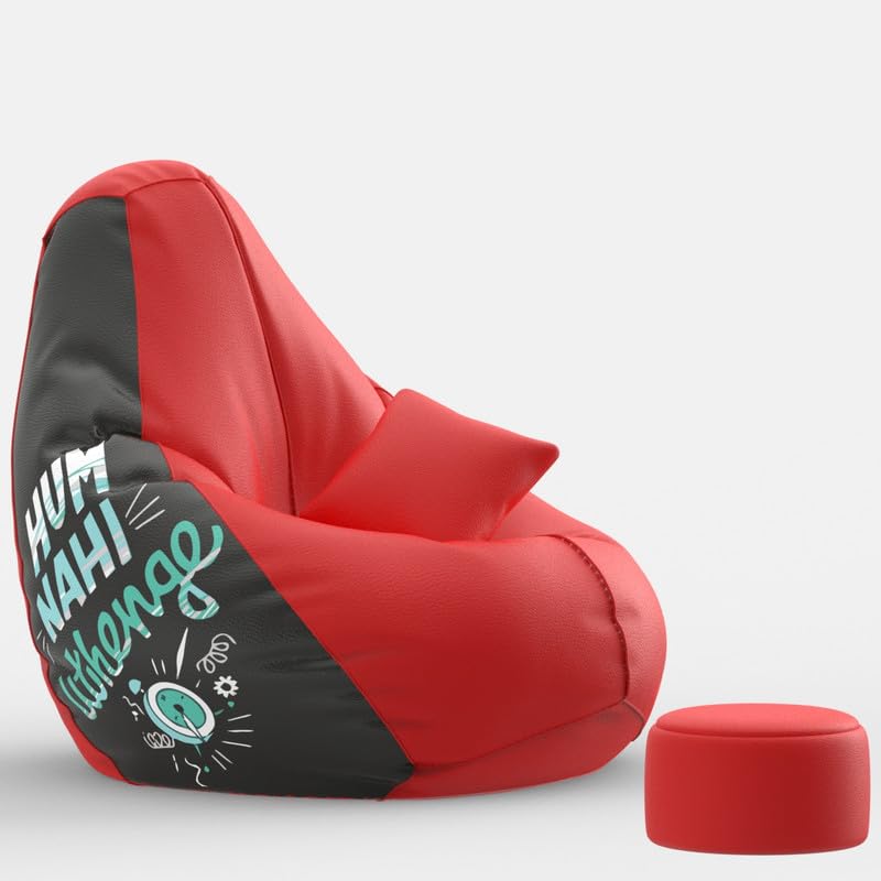 Image of Biggie Bean Bag Chair with Beans Filled 4XL Evergreen Classics Bean Bag-Loud Prints-Soft Landings-Styled with Free Cushion & Footrest (Matching Color : Printed Hum Nahin Uthenge - Red Black)