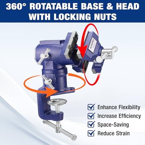 Image of WORKPRO Dual Jaws Table Vise 2.5 inch & 1.5 inch, 360 Swivel Clamp-On Bench Vise | Multi-Purpose Vice for Workbench, Portable Small Vise, Table Clamp Bench Vise with Anvil for Woodworking, Metalworking, DIY