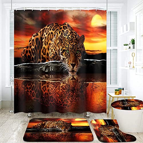 Uffae 4 Pcs Leopard Cheetah Shower Curtain Set With Rugs, Toilet Lid Cover, Bath Mat,Waterproof African Animal Print Bathroom Decor Sets Accessories With 12 Hooks #TOP1
