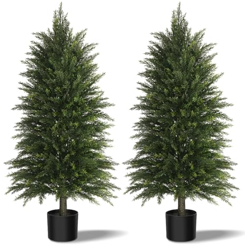 4FT Artificial Cedar Trees Set of 2, Realistic Faux Evergreen Topiary Bushes Plants, Outdoor Potted...