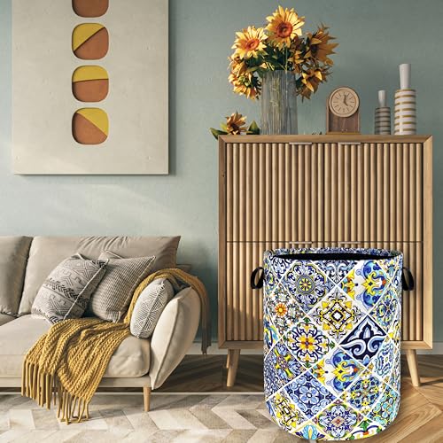 Image of Mexican Tiles Laundry Basket Oxford Cloth Foldable Hamper 18.9x16.5 Inch