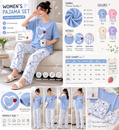 Image of Women's Pure Cotton Nightwear Set - Cute Printed Lavender Half Sleeve T-Shirt and Pajama Set for Girls, Comfortable Loungewear & Sleepwear