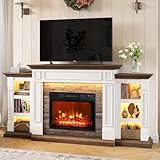72' Electric Fireplace with Mantel and Cabinets, Fireplace TV Stand for Living Room Bedroom, LED Light, Stacked Stone Surround and Remote Control 3D Realistic Flame