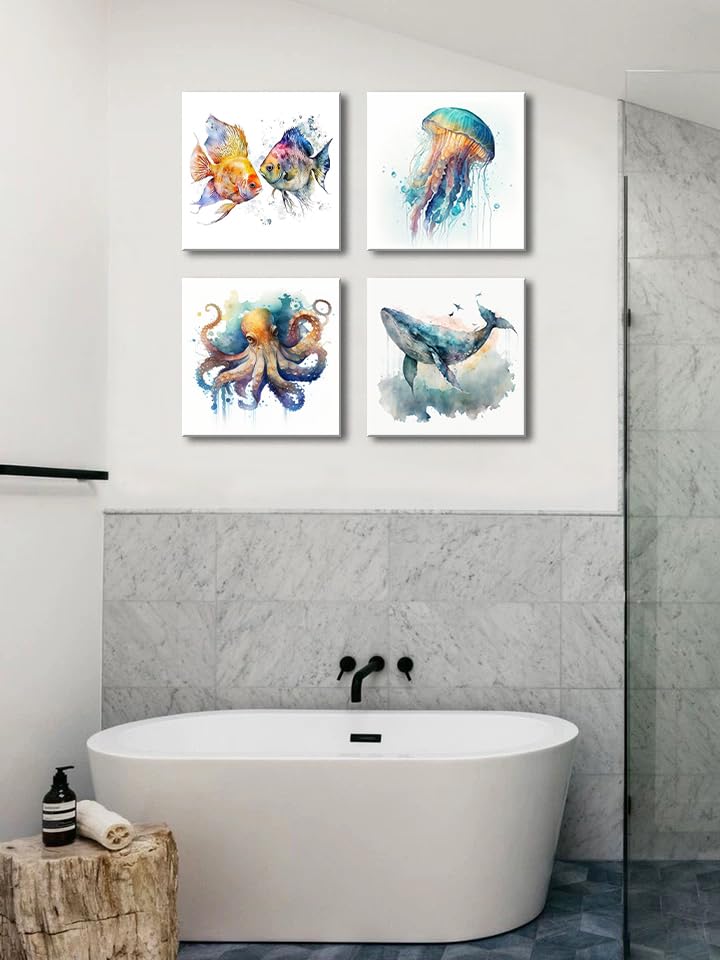 Image of Colorful Marine Life Canvas Wall Art for Bathroom Decor, Green Jellyfish Picture Print, Watercolor Fish Artwork Sea Life Blue Orange Octopus Painting Poster for Bedroom Living Room Decoration 12 inchx12 inch