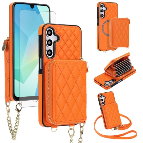 Asuwish Detachable Magnetic Wireless Charging Wallet Phone Case for Samsung Galaxy A16 5G/4G with Screen Protector Crossbody Strap RFID Blocking Credit Card Holder A 16 16A SM-A166U Women Girls Orange