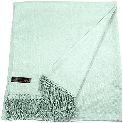 CJ Apparel Baby Green Celeste Pale Cyan Sky Blue Solid Color Tassels Design Nepalese Shawl Seconds Scarf Wrap Stole Throw Head Wrap Pashmina Hand Made in Nepal New