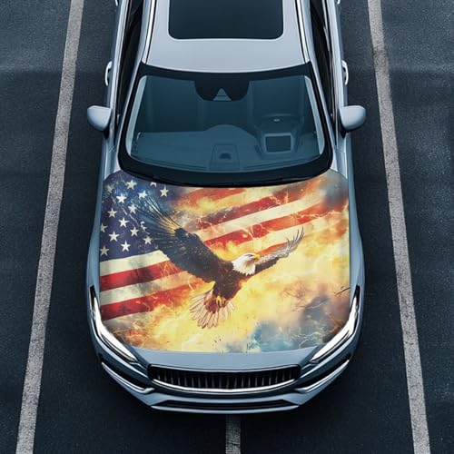 Image of Eagle American Flag Flame Print Car Hood Cover, Stretchable Breathable Automotive Hood Covers Protective Elastic Fabrics Car Hood Decoration and Protection Fit Truck Sedan SUV, 4th of July