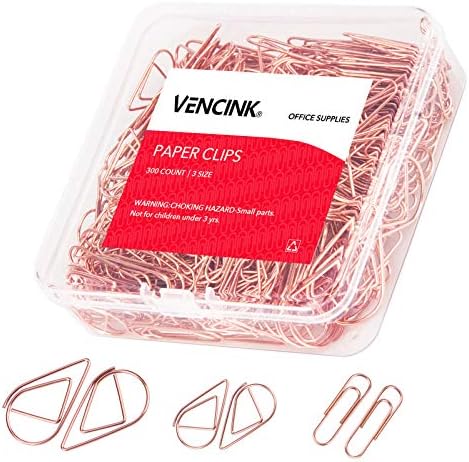 300 Pcs Cute Rose Gold Paper Clips Assorted Sizes, Smooth Steel Wire Paperclips Large Medium and Small for Office Supplies School Students Girls Kids Women Wedding Paper Document Organizing by VENCINK